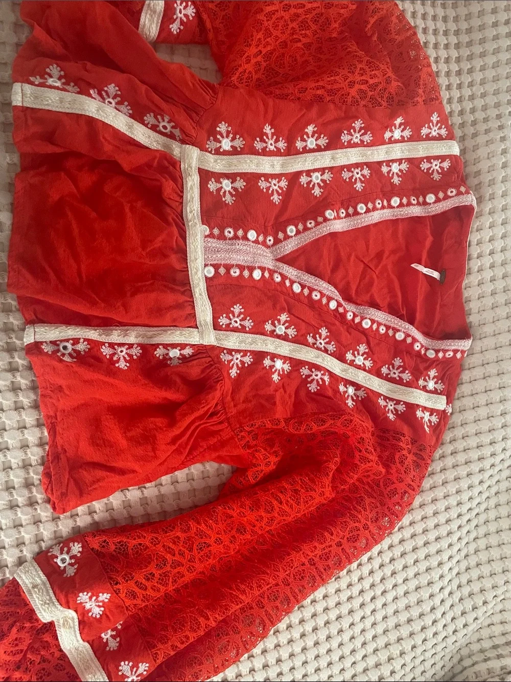 Free People Red Embroidered V-Neck Boho Blouse